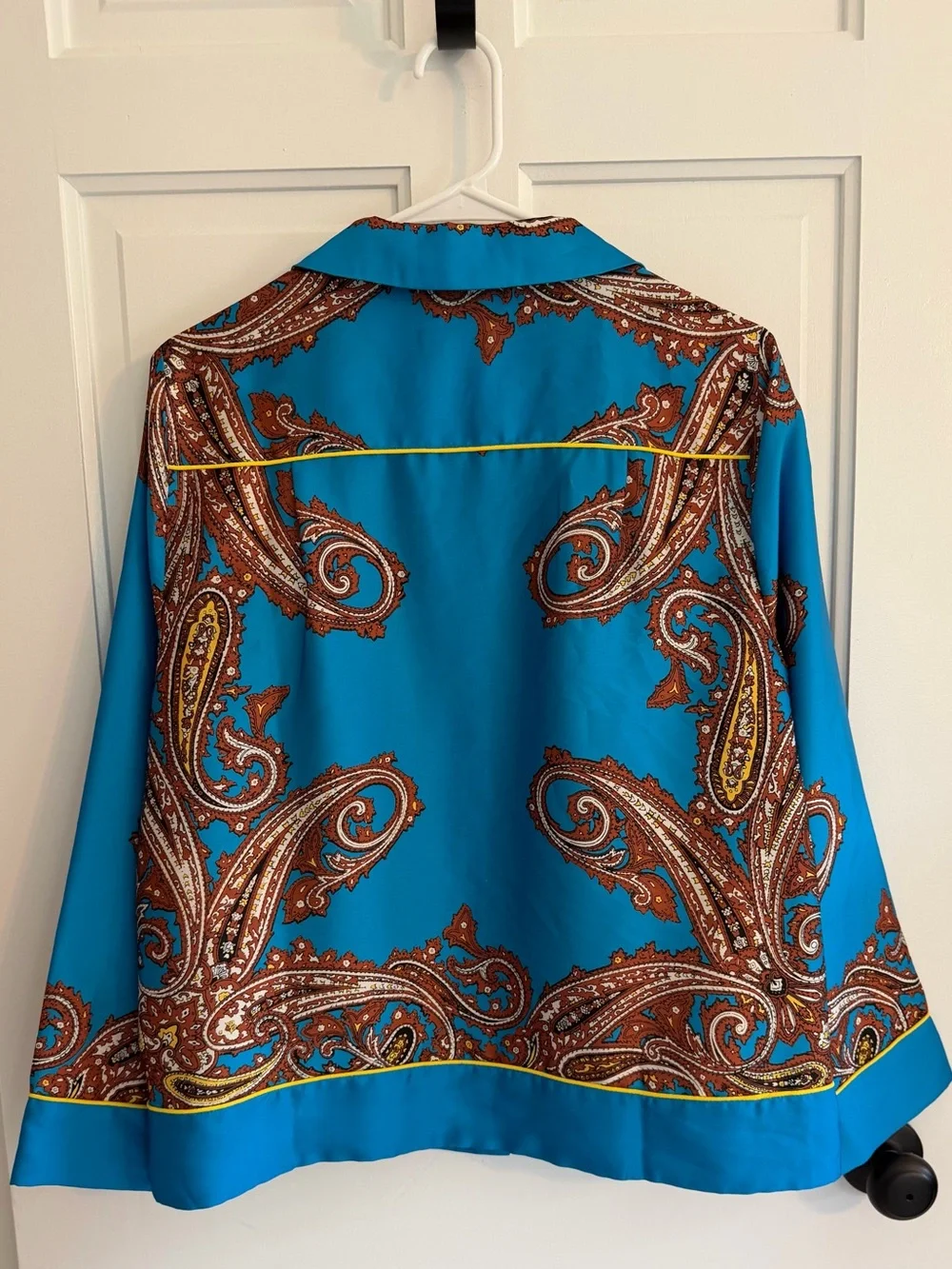 J Crew Drapey Paisley Button Up Shirt Blue Yellow Trim Medium